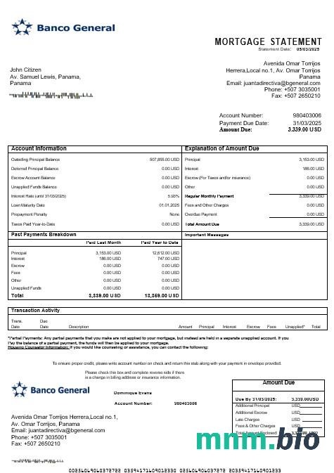 Panama Banco General wyciąg z kredytu hipotecznego w formatach Word i PDF